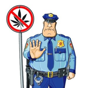 cartoon of cop with marijuana warning sign